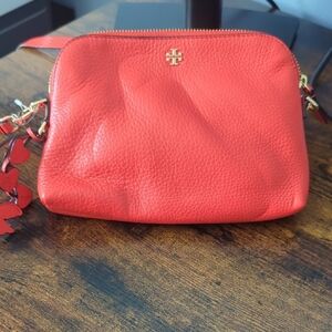 Tory Burch Coral-Red,Possibly Orange, Pebbled Leather Crossbody with Heart Charm